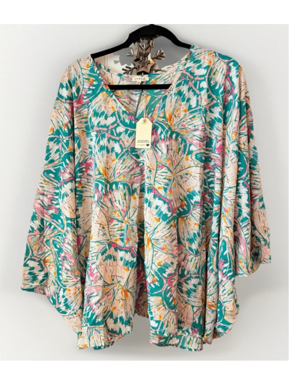 Jodifl Floral Print Tunic Top Large Boho V Neck Flowy Teal Pink Green Dolman NWT